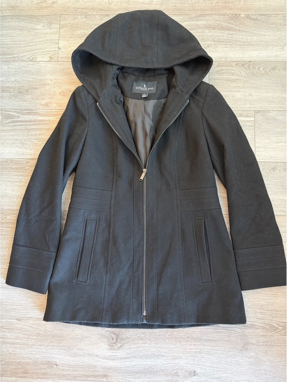 London Fog Hooded Wool-Blend Coat — Black, Size S
